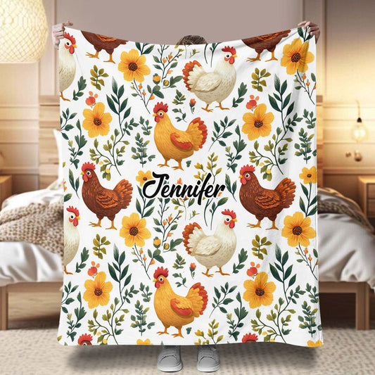 Cute Floral Chickens - Personalized Chicken Blanket