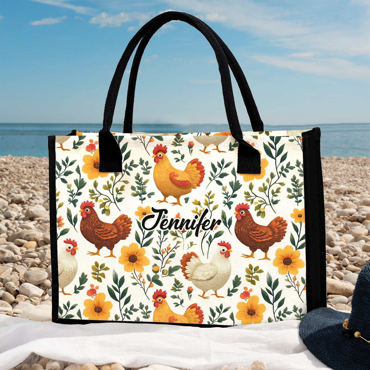 Cute Floral Chickens - Personalized Chicken Canvas Tote Bag