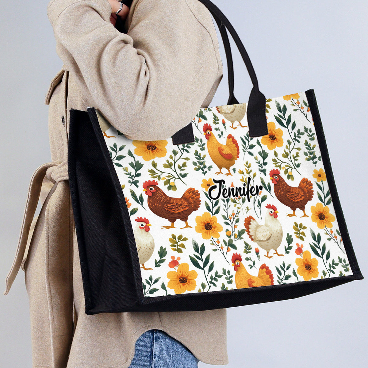Cute Floral Chickens - Personalized Chicken Canvas Tote Bag