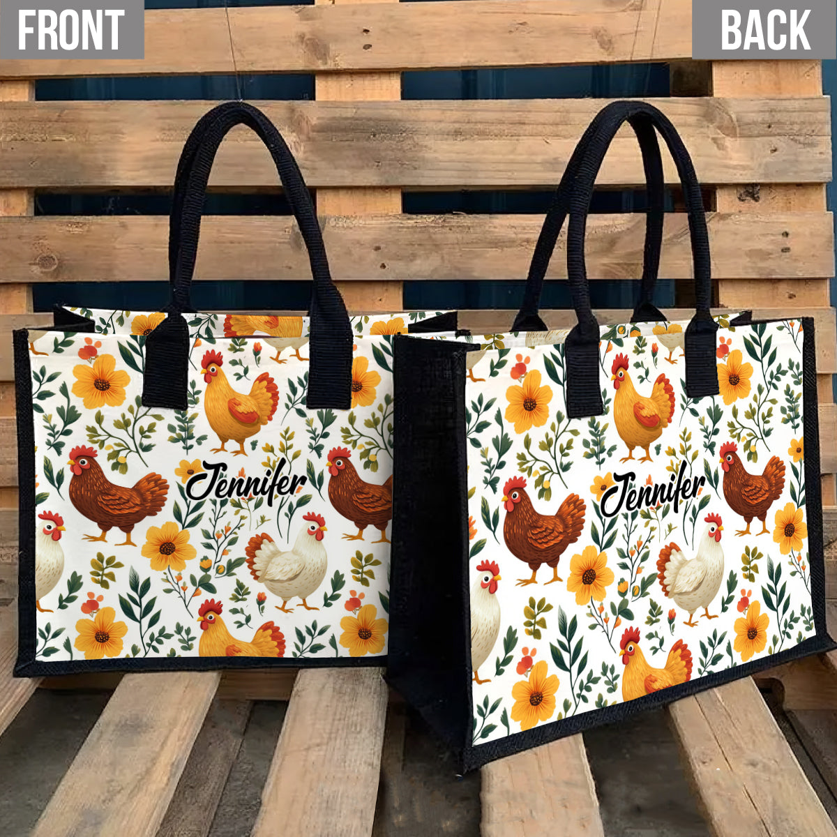 Cute Floral Chickens - Personalized Chicken Canvas Tote Bag