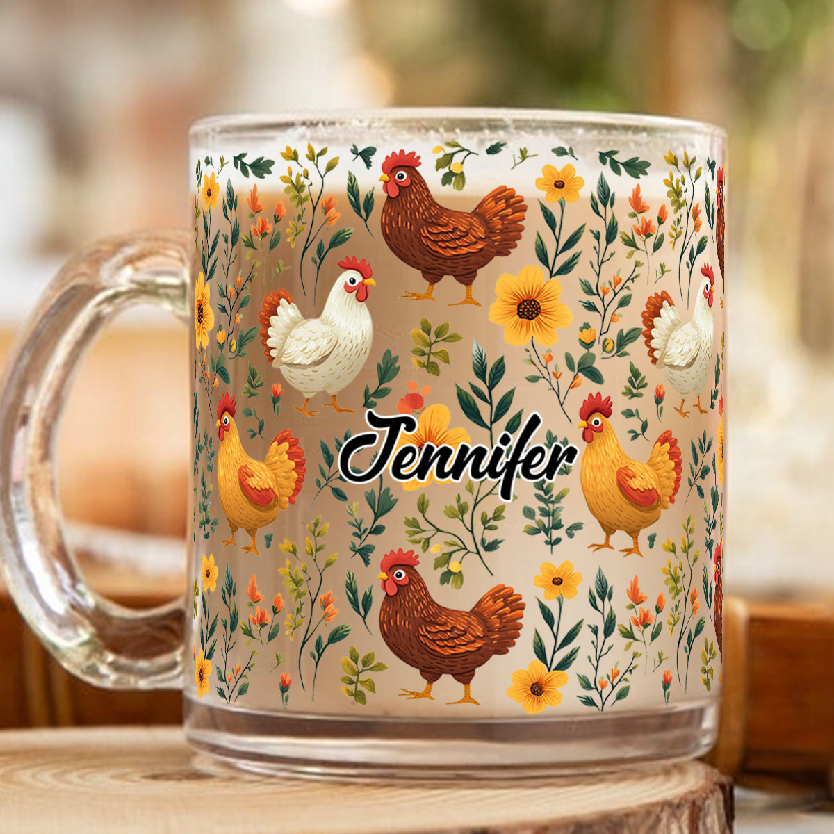 Niedliche Hühner mit Blumenmuster – personalisierter Hühner-Glasbecher