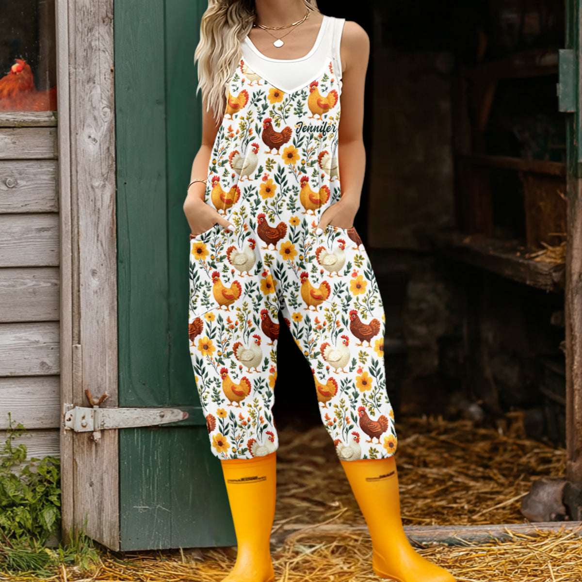Floral Chicken - Personalized Chicken Loose-Fit Overalls/ Rompers