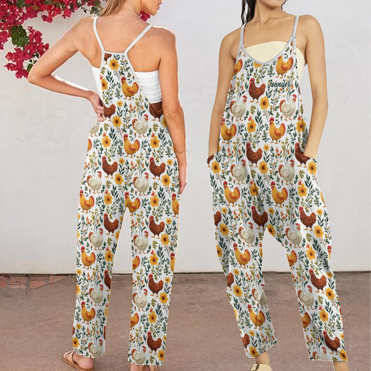 Floral Chicken - Personalized Chicken Loose-Fit Overalls/ Rompers