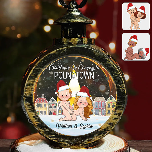 Christmas Is Coming To Poundtown - Personalized Couple Round Lantern With Light