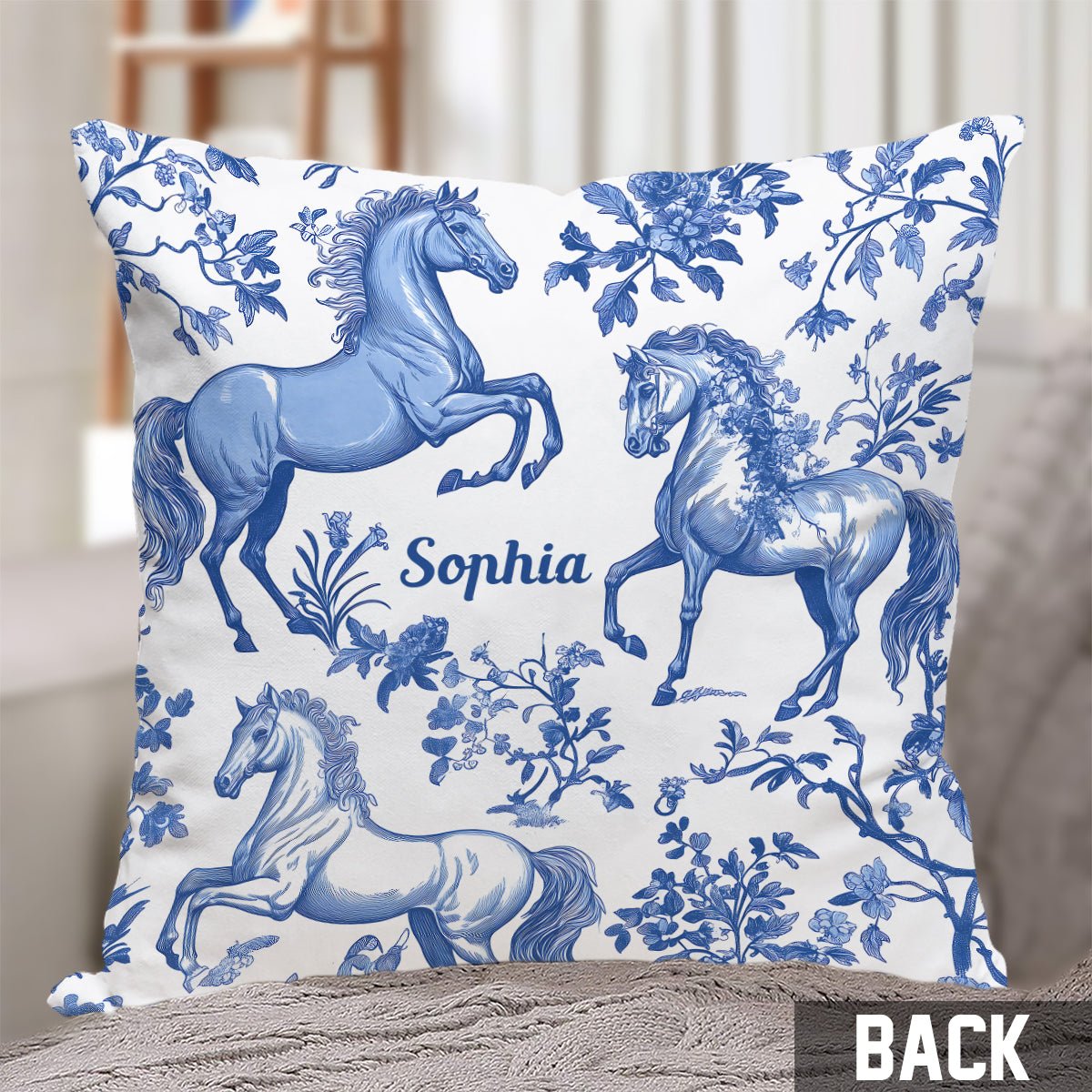 Horse Blue & White Toile de Jouy - Personalized Horse Throw Pillow