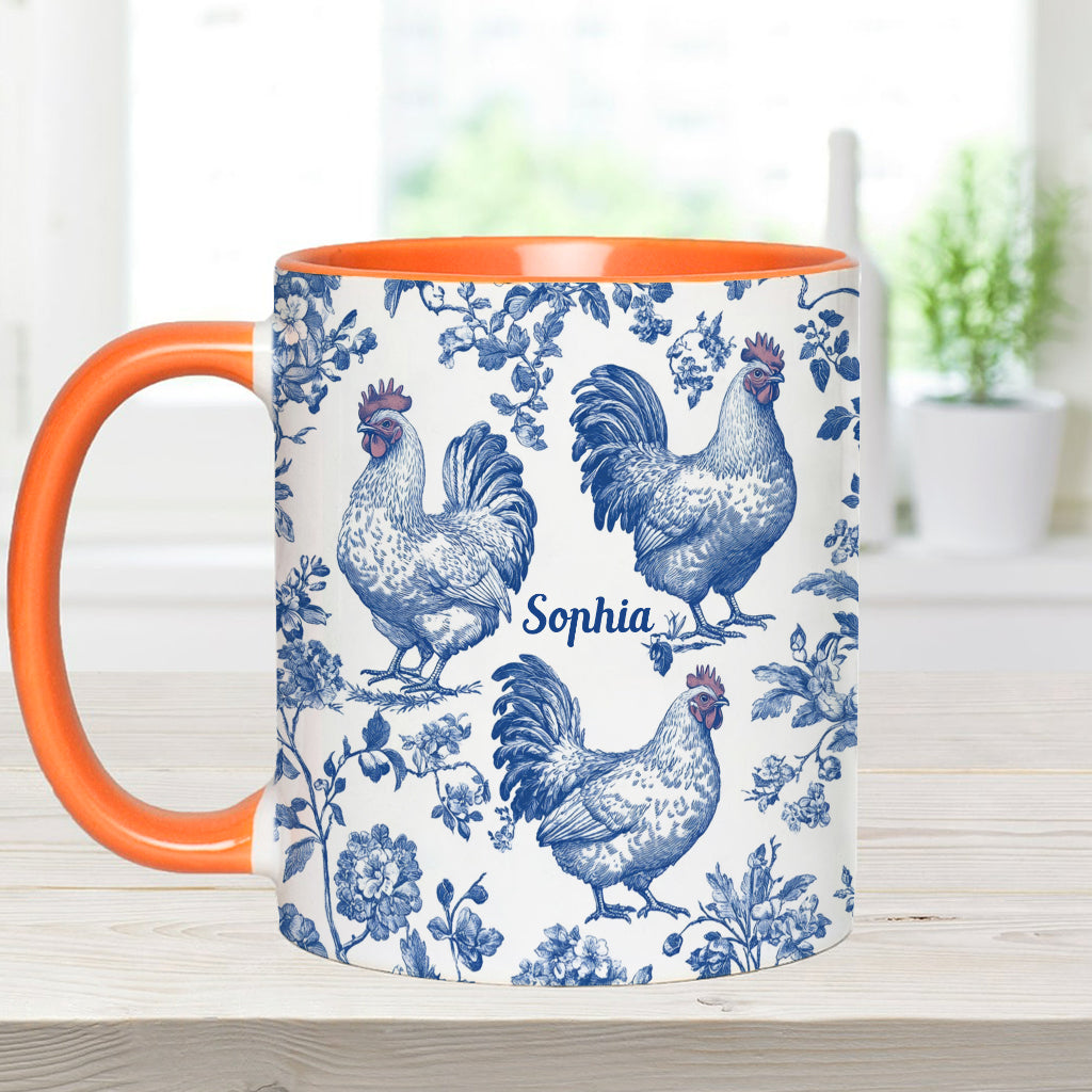 Personalisierte Tasse mit Hühnermotiv (Toile de Jouy)
