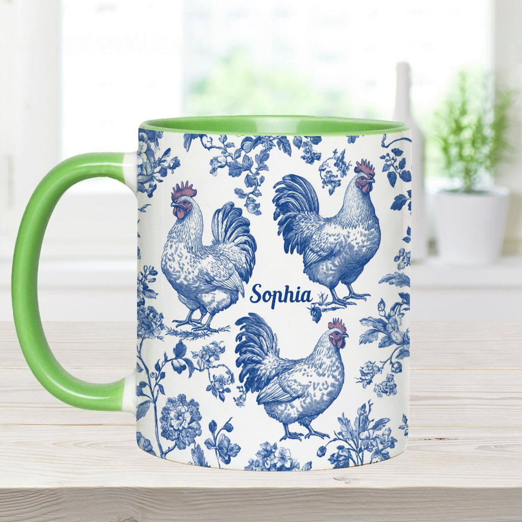 Personalisierte Tasse mit Hühnermotiv (Toile de Jouy)