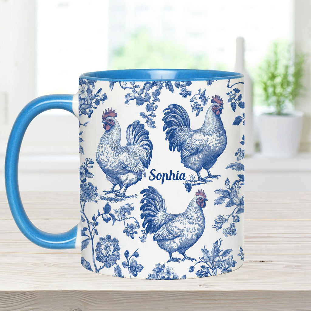 Personalisierte Tasse mit Hühnermotiv (Toile de Jouy)
