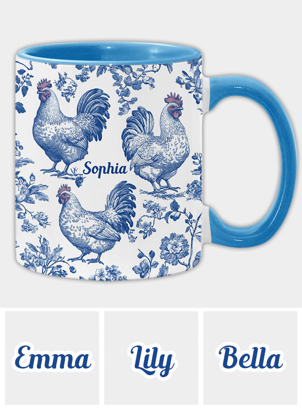 Personalisierte Tasse mit Hühnermotiv (Toile de Jouy)
