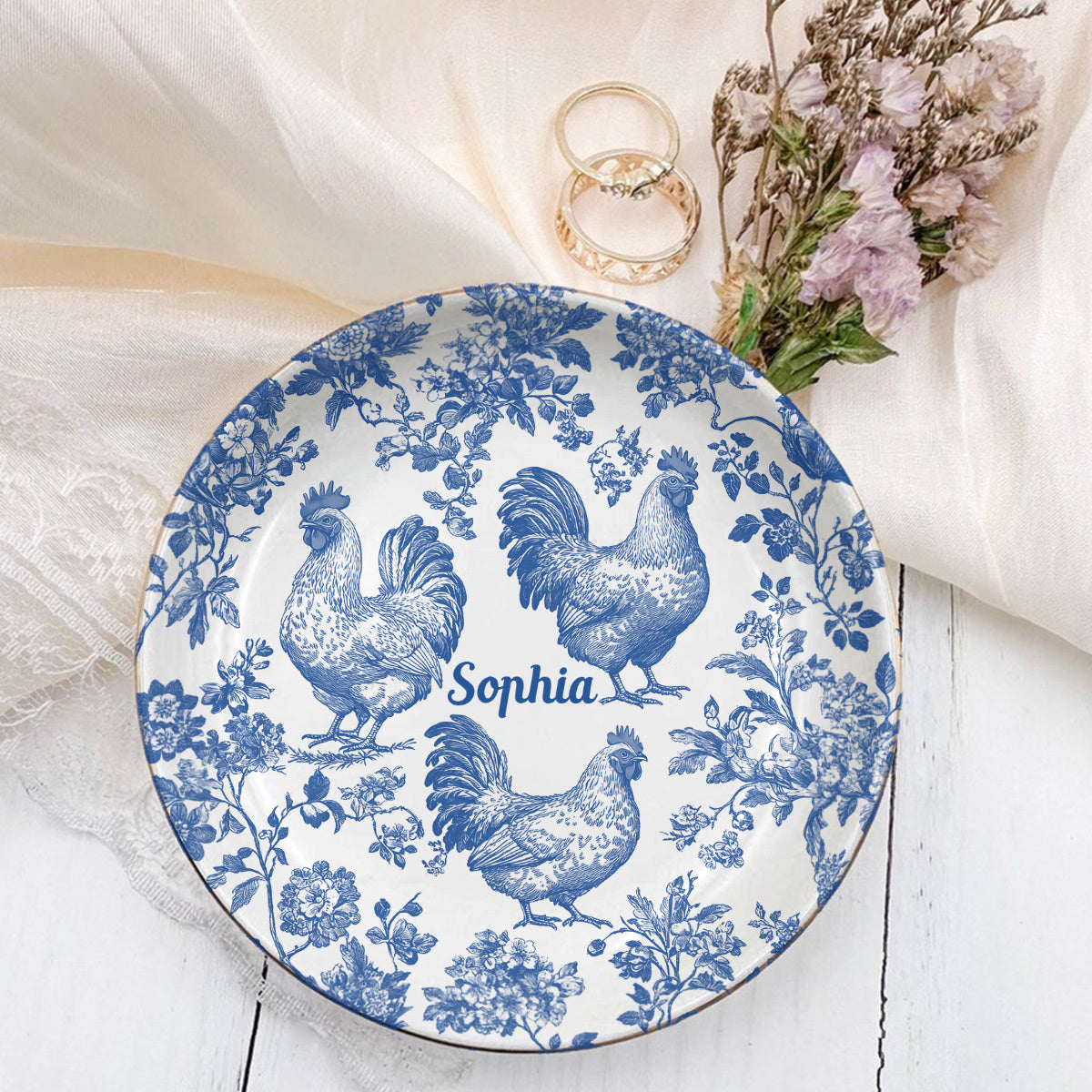 Toile de Jouy Poulet - Bijou Plat à Bijoux Poulet Personnalisé Entièrement Imprimé