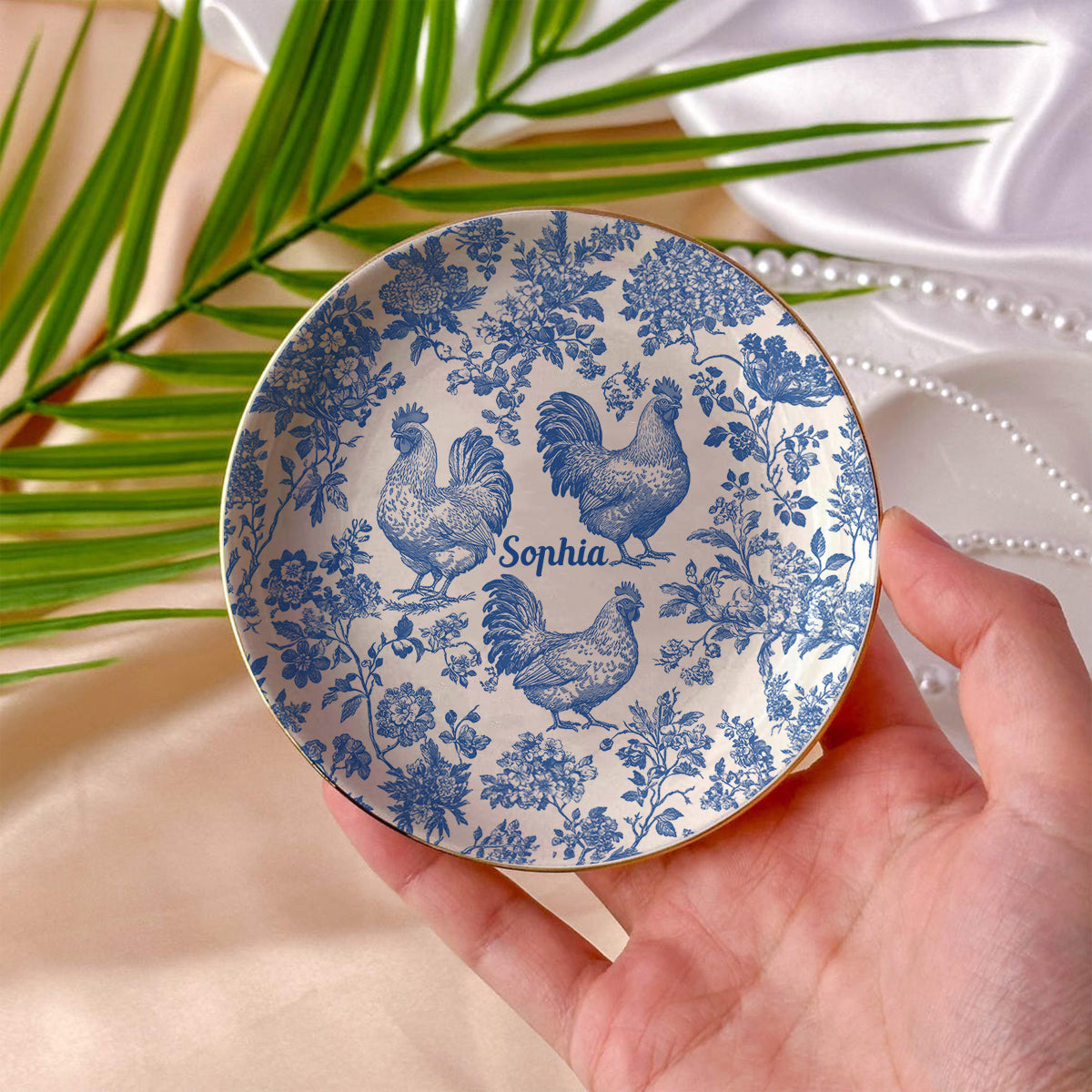 Toile de Jouy Poulet - Bijou Plat à Bijoux Poulet Personnalisé Entièrement Imprimé