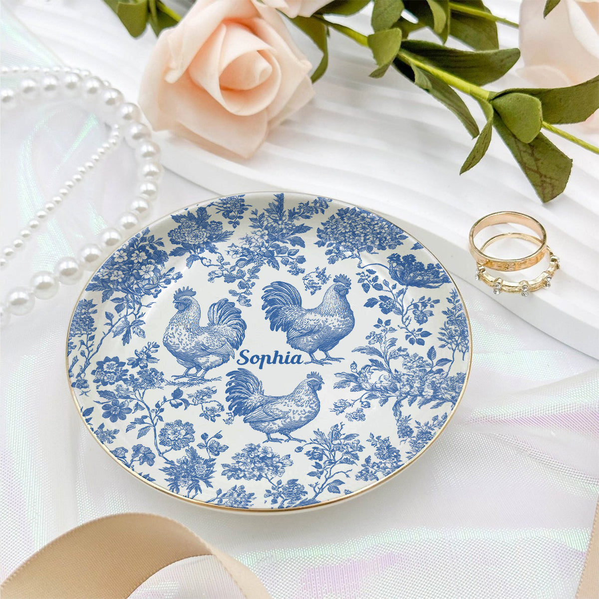 Toile de Jouy Poulet - Bijou Plat à Bijoux Poulet Personnalisé Entièrement Imprimé