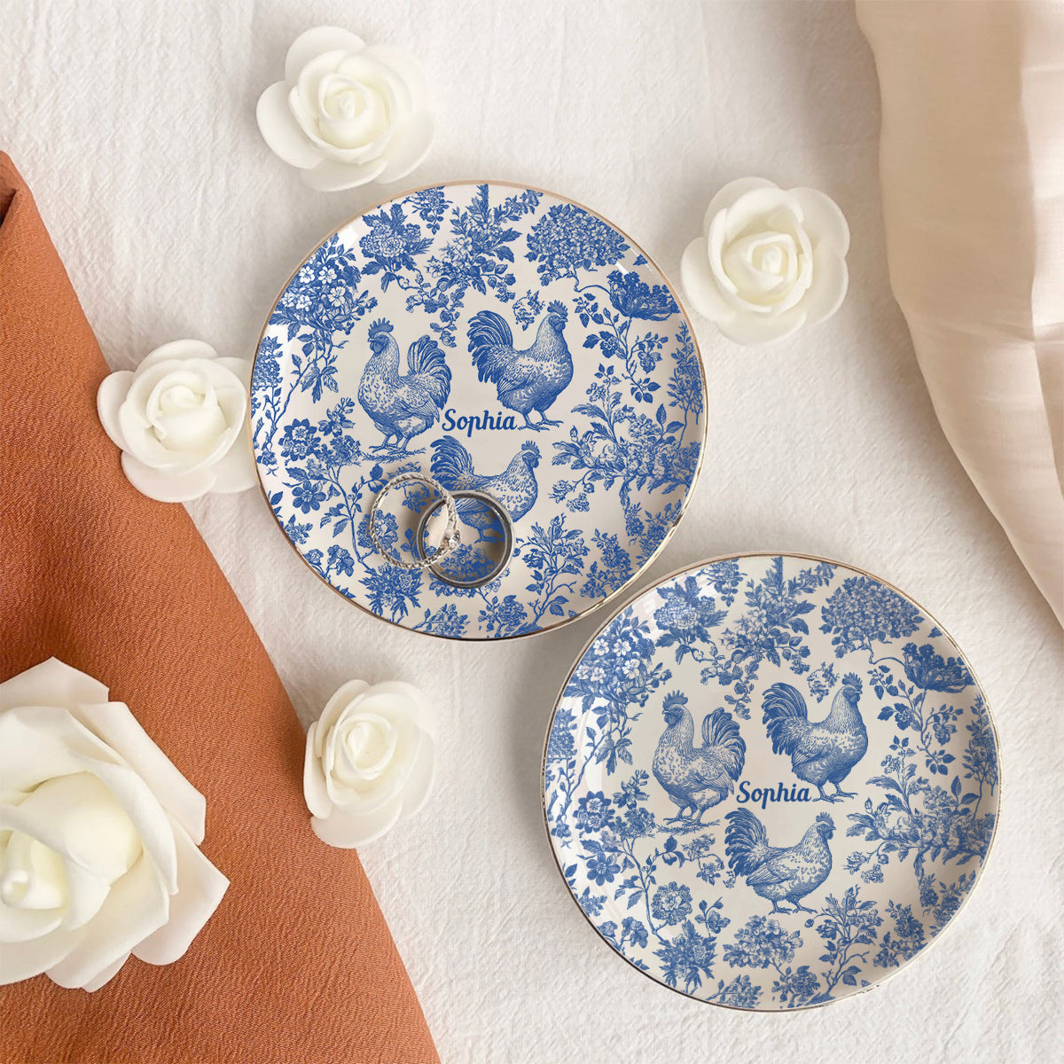 Toile de Jouy Poulet - Bijou Plat à Bijoux Poulet Personnalisé Entièrement Imprimé