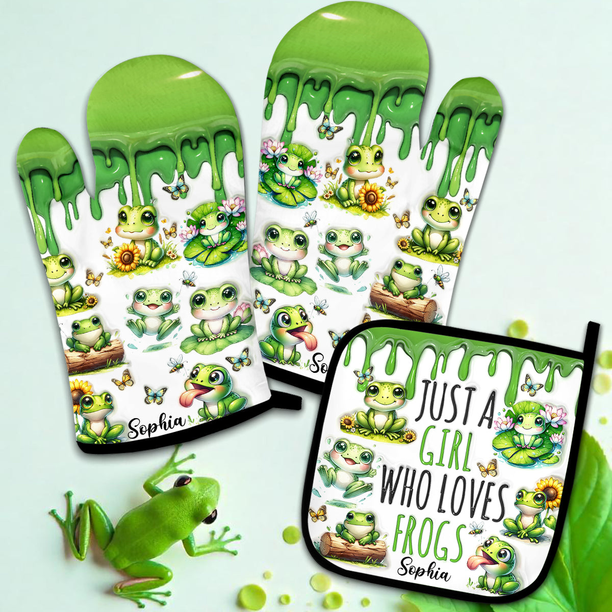 Einfach ein Mädchen, das Frösche liebt – Personalisiertes Frosch-Topflappen- und Topflappen-Set