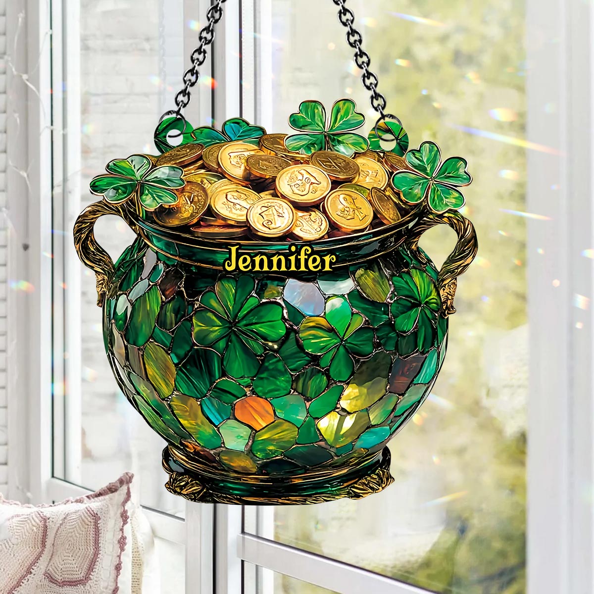 Pot Of Gold Shamrock - Personalized Saint Patrick's Day Window Hanging Suncatcher Ornament