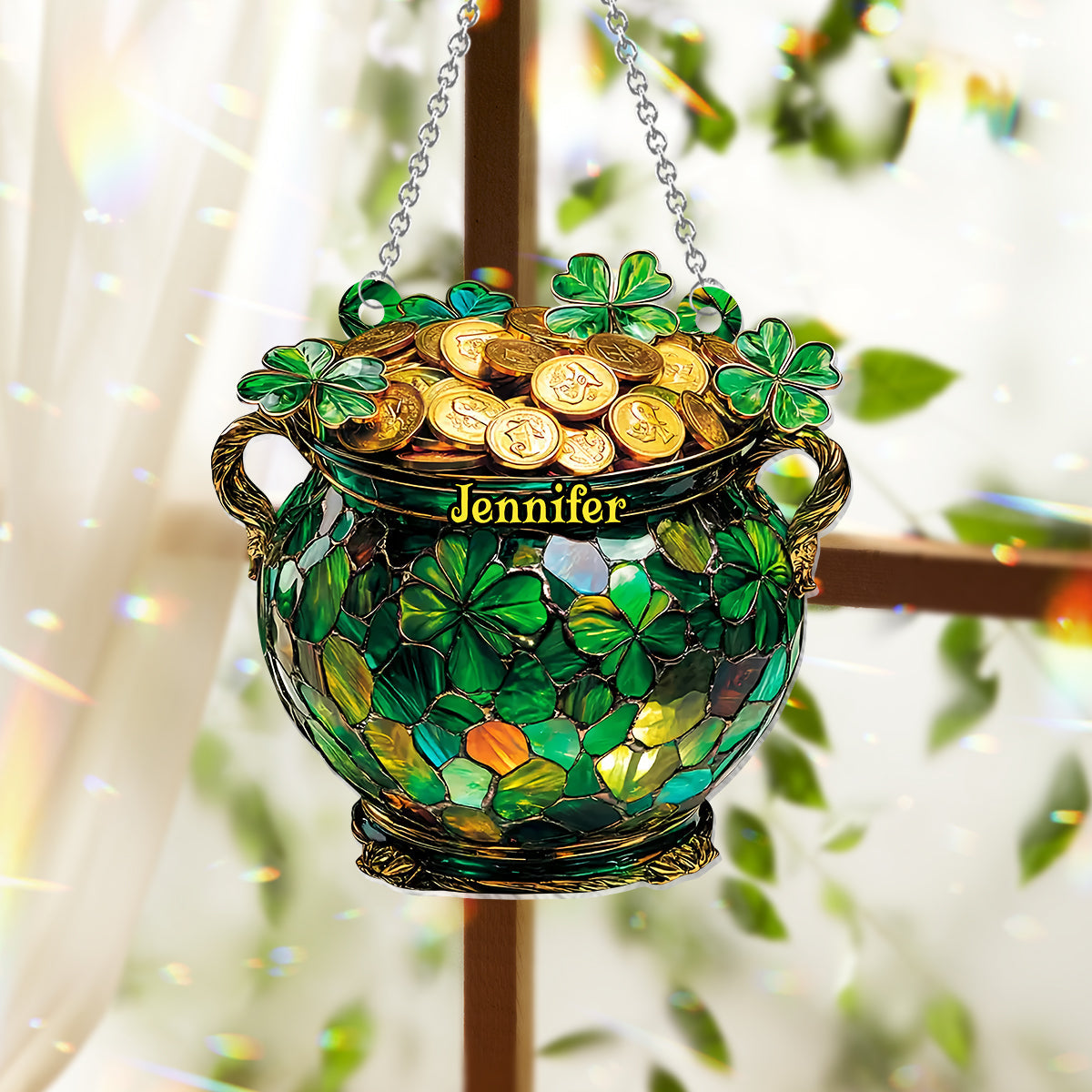 Pot Of Gold Shamrock - Personalized Saint Patrick's Day Window Hanging Suncatcher Ornament