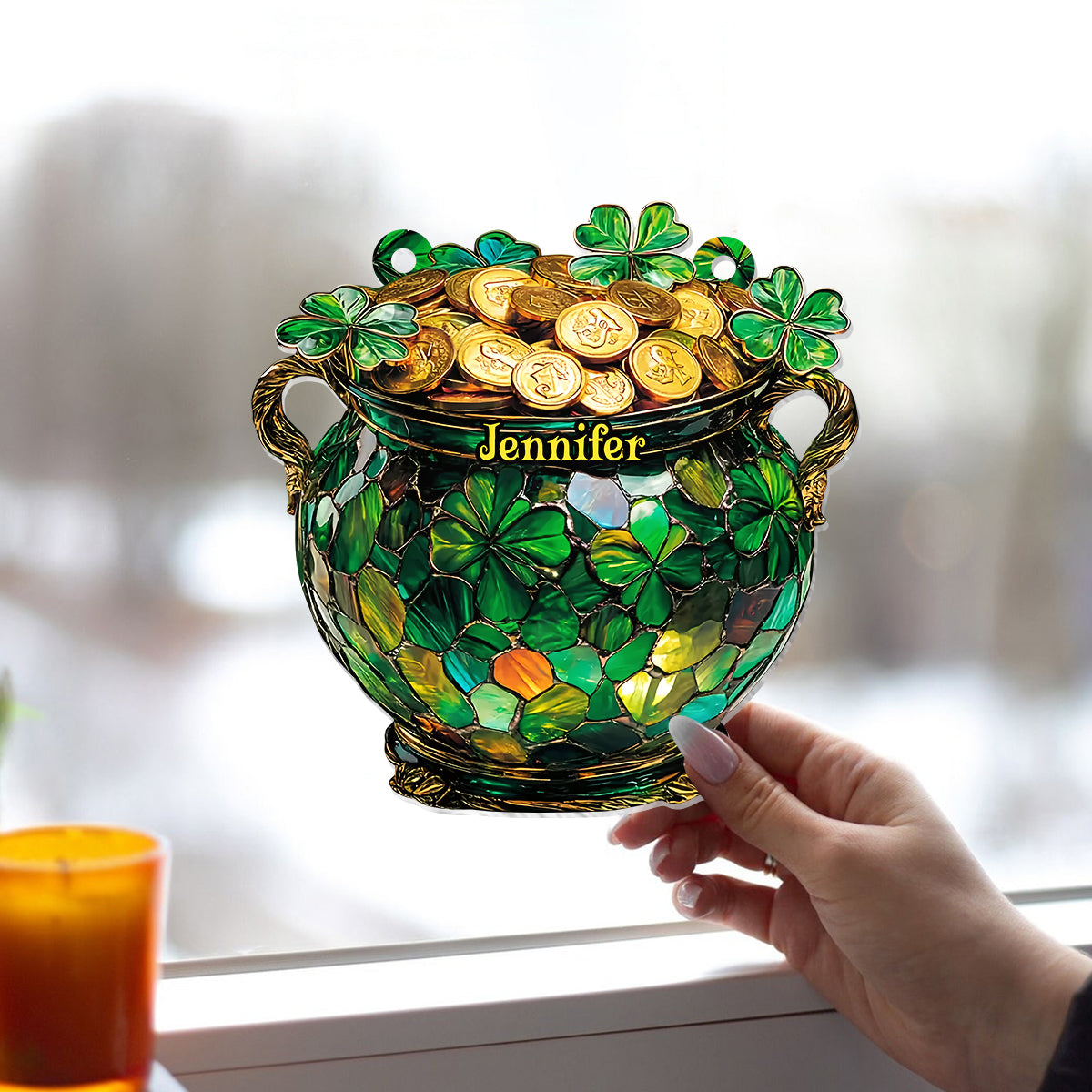 Pot Of Gold Shamrock - Personalized Saint Patrick's Day Window Hanging Suncatcher Ornament