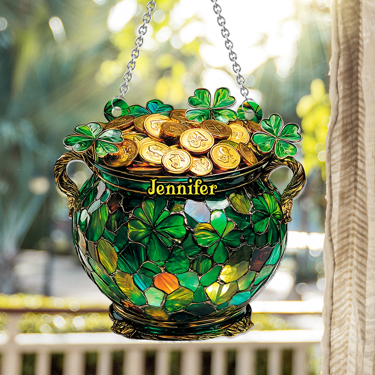 Pot Of Gold Shamrock - Personalized Saint Patrick's Day Window Hanging Suncatcher Ornament