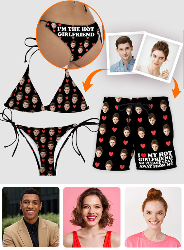 I Love My Hot Girlfriend - Personalized Couple Triangle Bikini Swimsuit And Men Shorts
