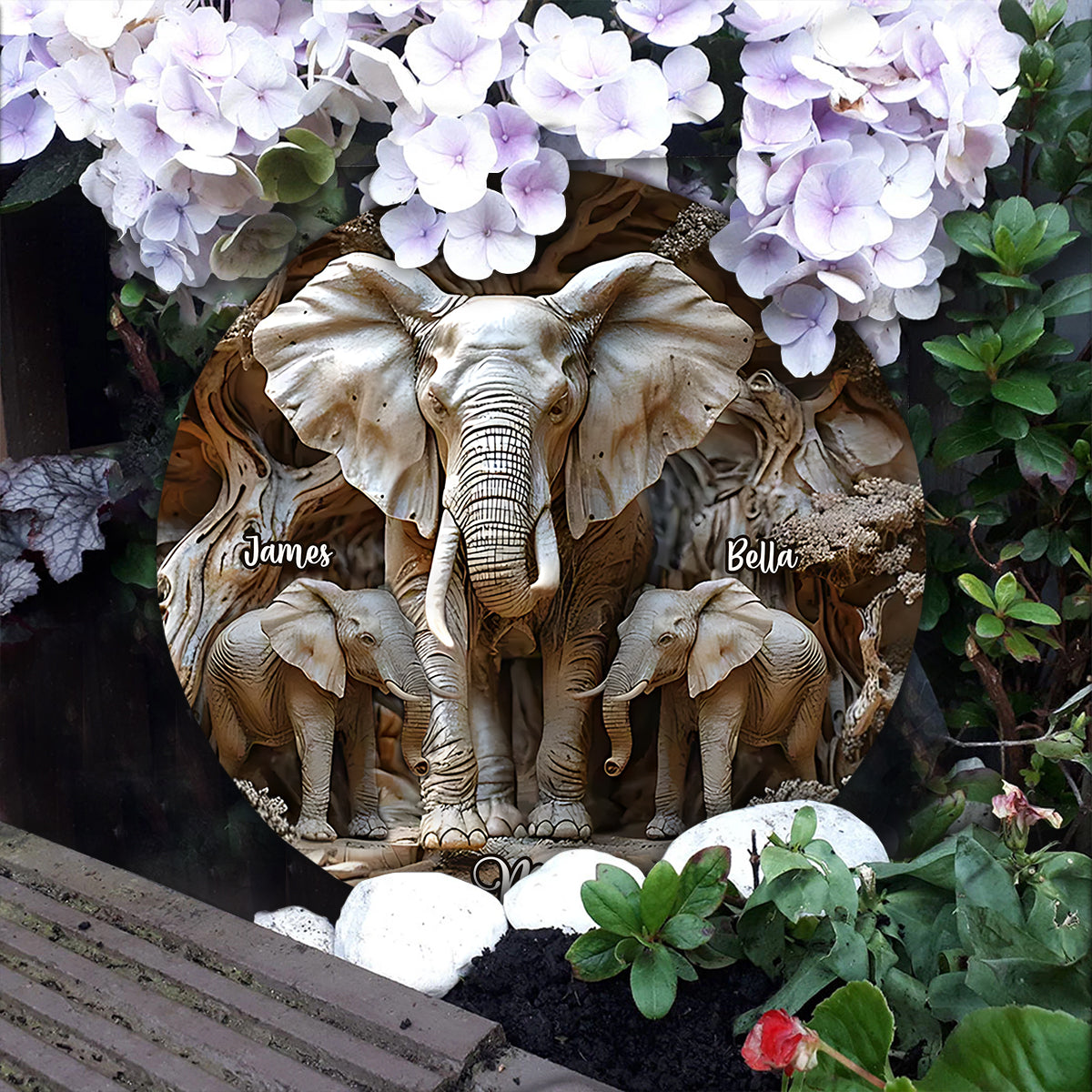 Mom & Kids Gift For Mom, Grandma,... - Personalized Elephant Round Shaped Stone