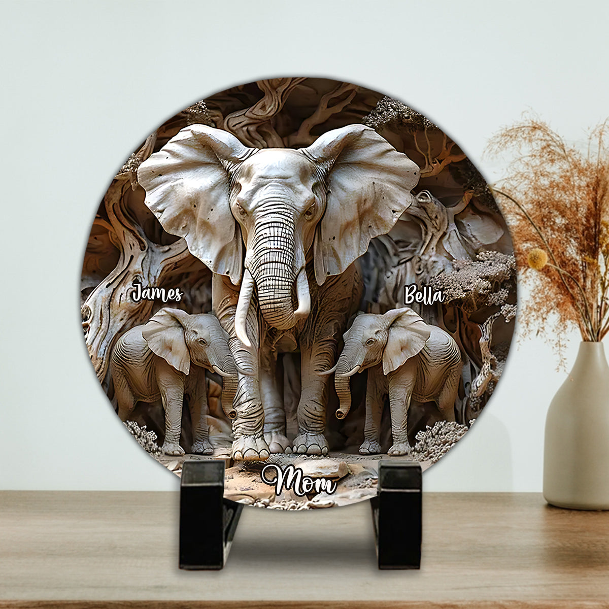 Mom & Kids Gift For Mom, Grandma,... - Personalized Elephant Round Shaped Stone