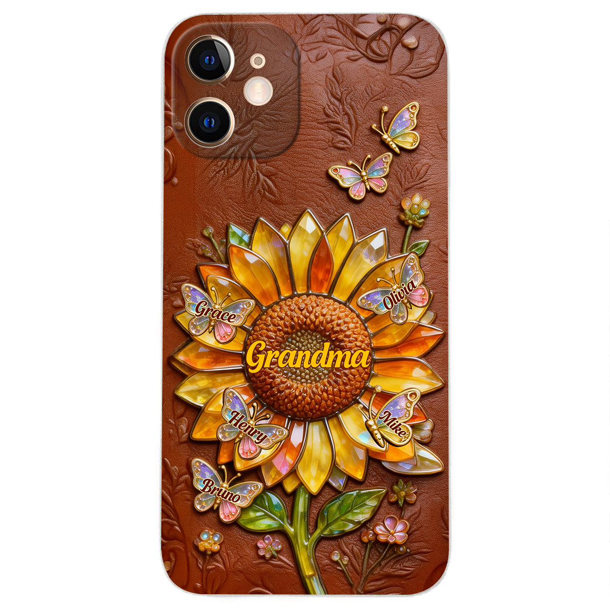Grandma Sunflower - Personalized Grandma 3D Embossed Leather Phone Case