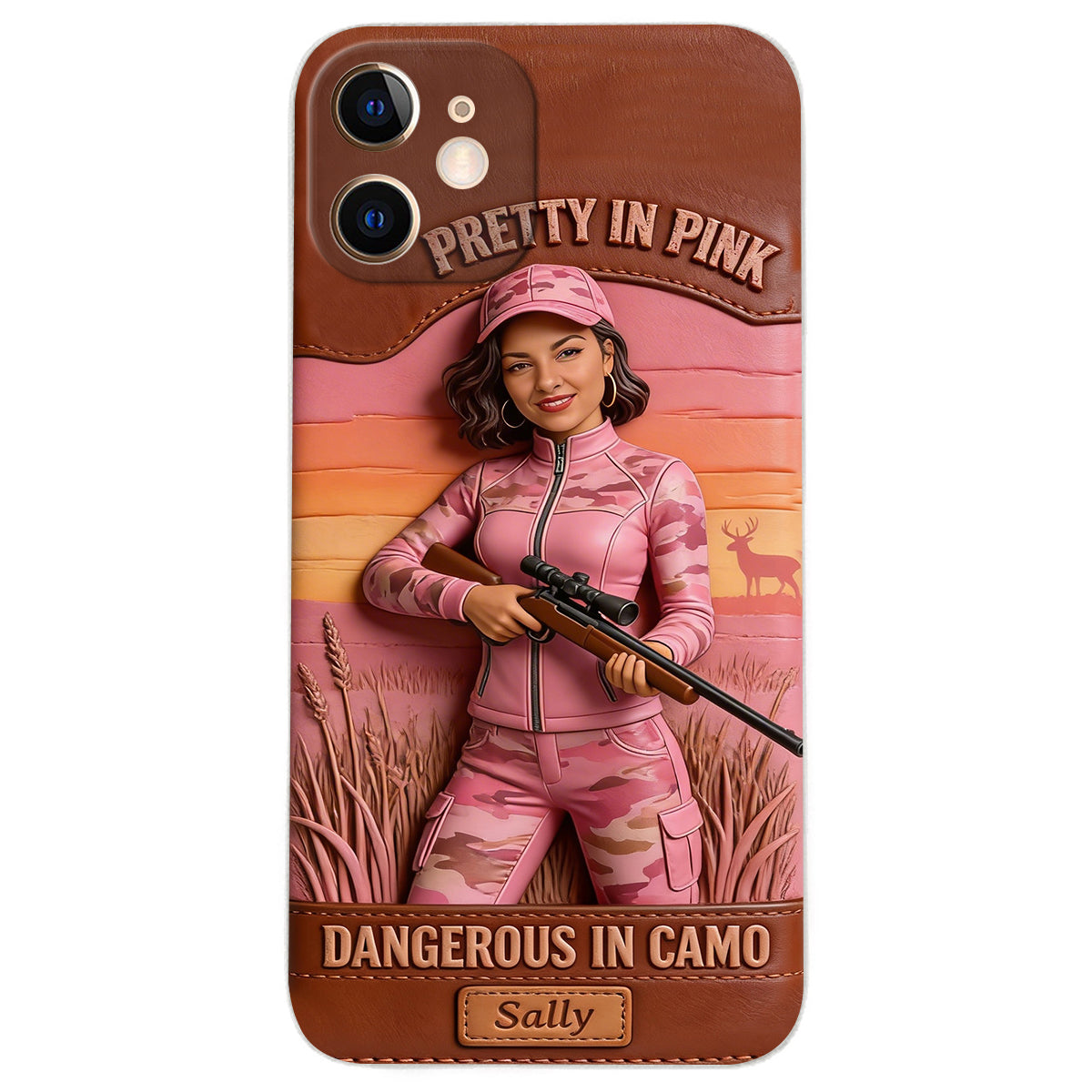 Étui de téléphone en cuir personnalisé avec n'importe quelle photo de chasse dangereuse en camouflage - Étui de téléphone de chasse en cuir personnalisé