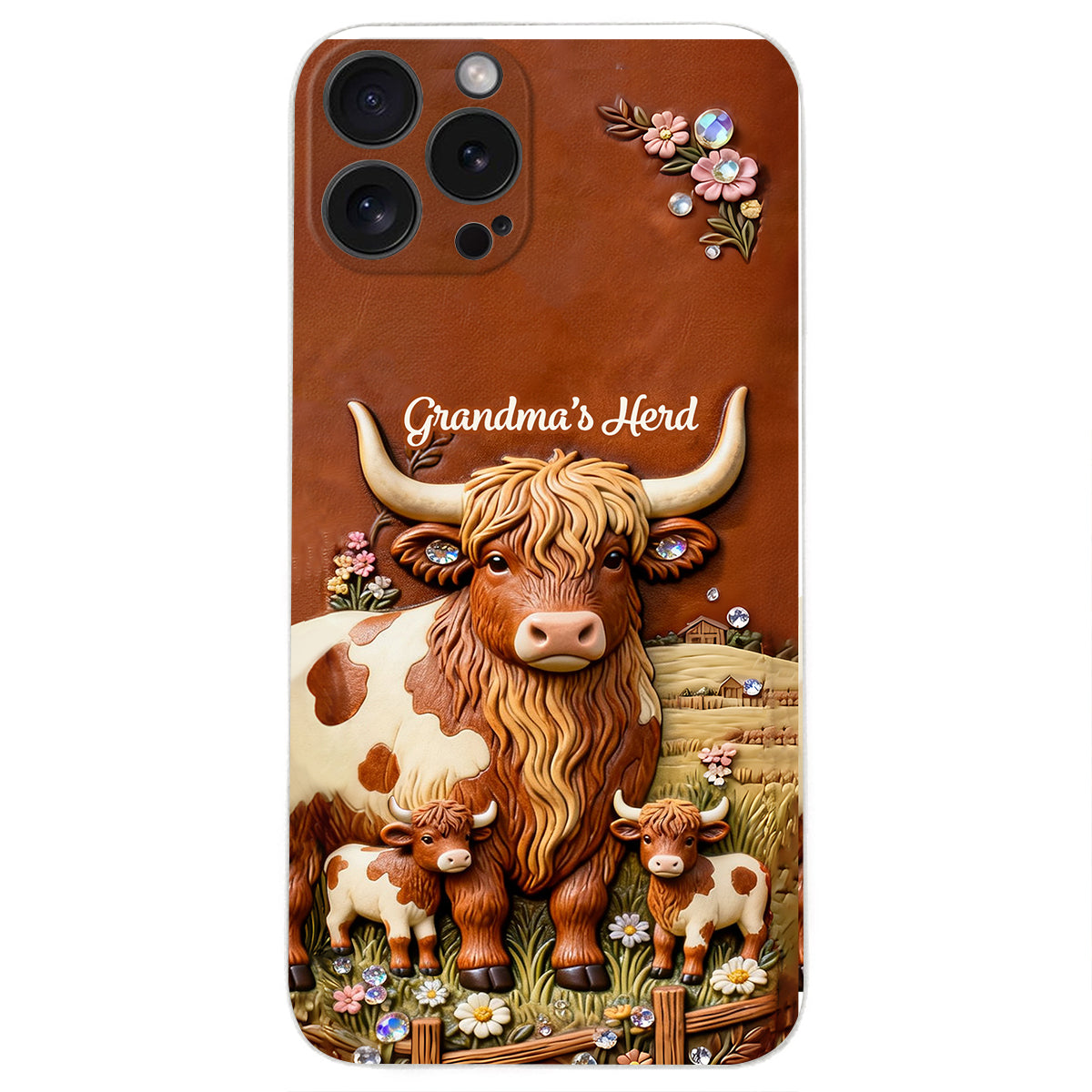 Grandma's Herd - Personalized Highland Cow 3D Embossed Leather Phone Case