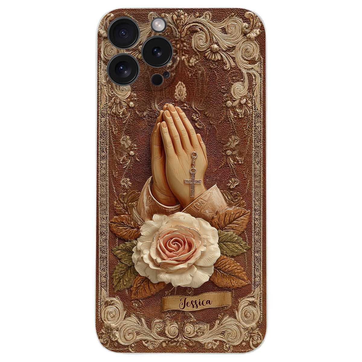 Praying Hands With Roses - Personalized Christian Leather Phone Case