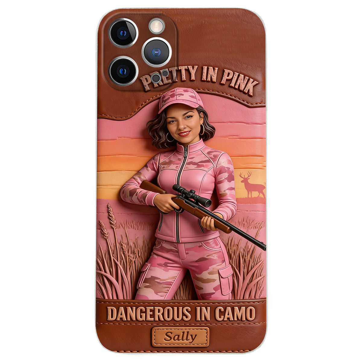 Étui de téléphone en cuir personnalisé avec n'importe quelle photo de chasse dangereuse en camouflage - Étui de téléphone de chasse en cuir personnalisé