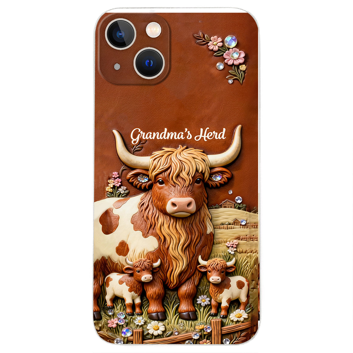 Grandma's Herd - Personalized Highland Cow 3D Embossed Leather Phone Case