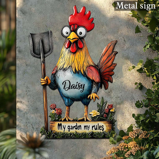 Mein Garten, meine Regeln – Personalisiertes Metallschild „Chicken Cut“