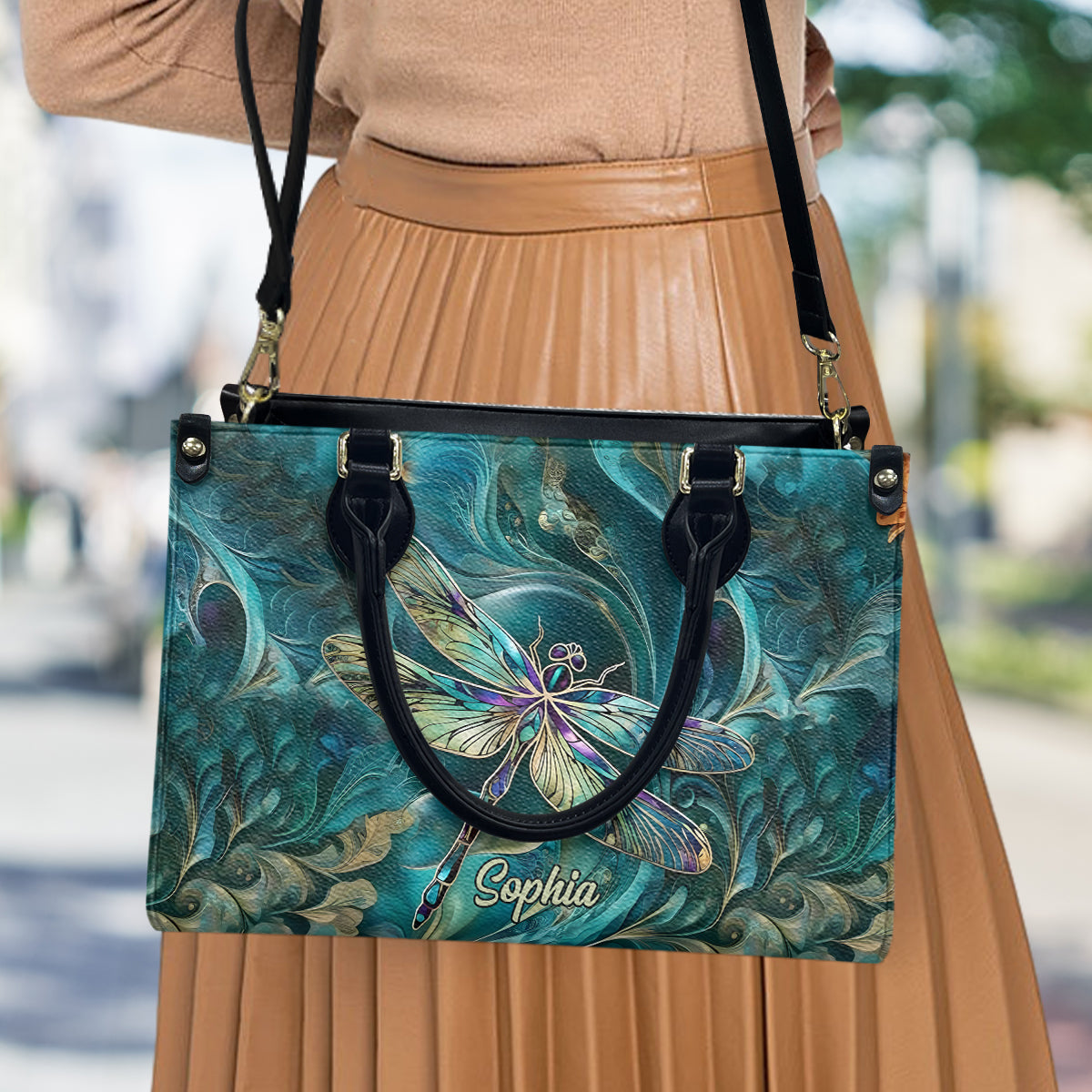 Magnifique libellule - Sac à main en cuir personnalisé avec motif libellule