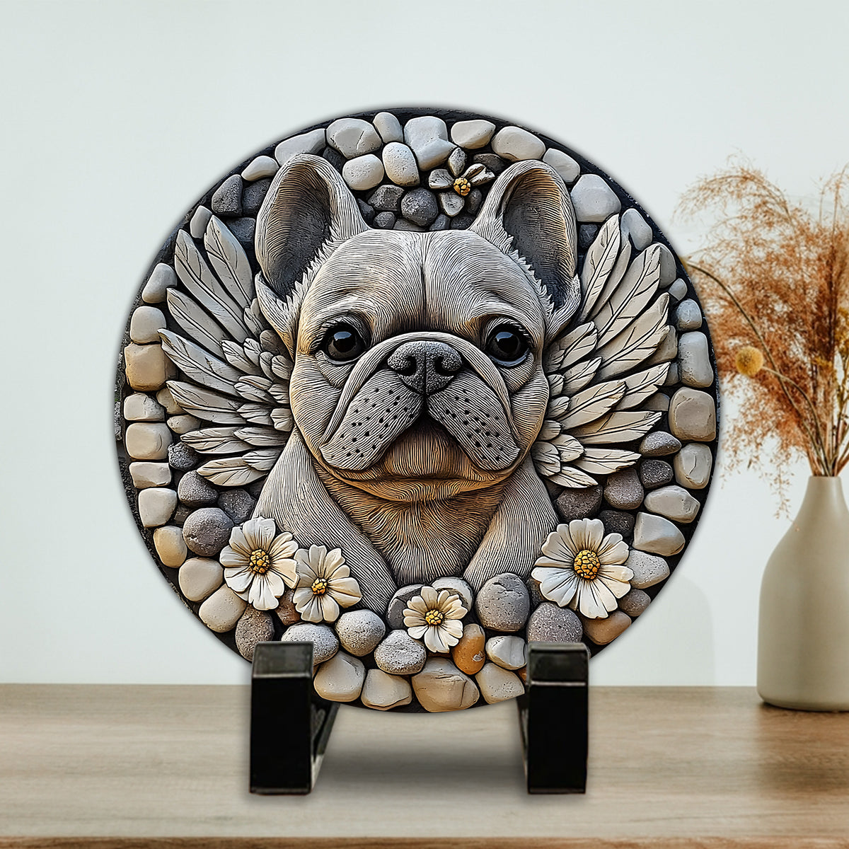Für immer in unserem Herzen – personalisierter runder Stein in Hundeform