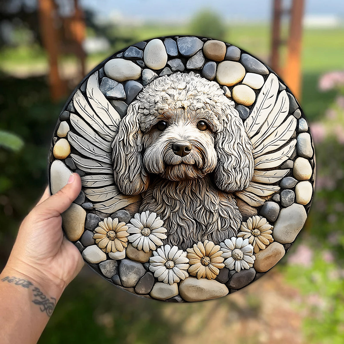 Für immer in unserem Herzen – personalisierter runder Stein in Hundeform