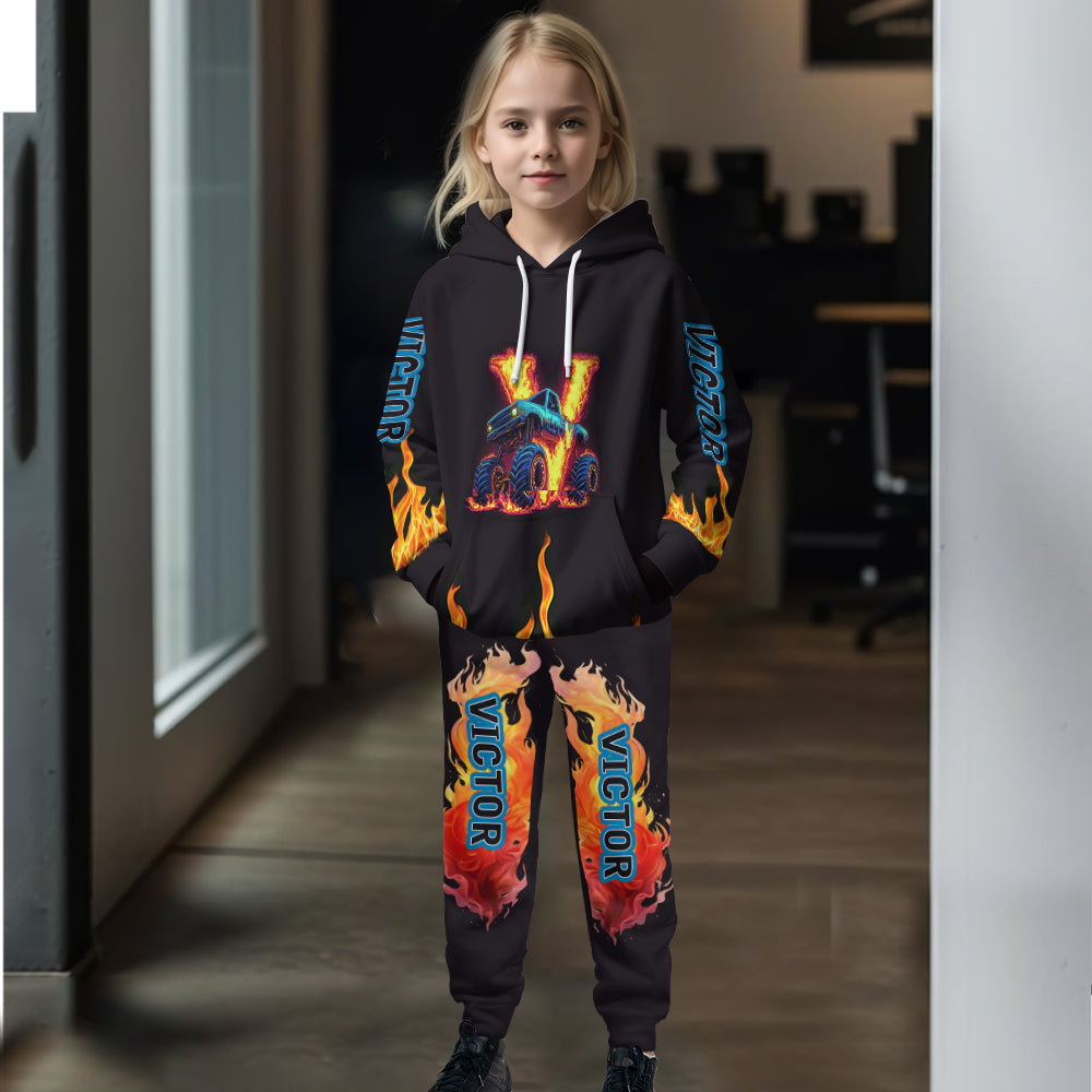 Boy's Cool Monster Truck Print Hooded Outfit - Personalized Kid Kid Hoodie & Kid Jogger Sweatpants