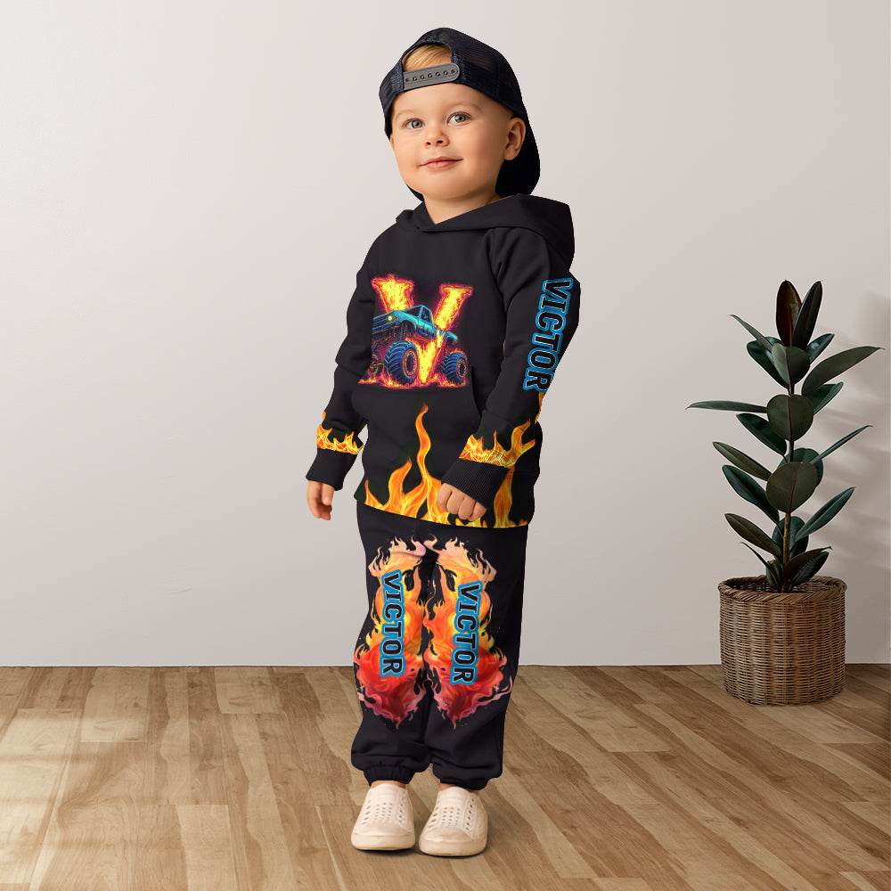 Boy's Cool Monster Truck Print Hooded Outfit - Personalized Kid Kid Hoodie & Kid Jogger Sweatpants