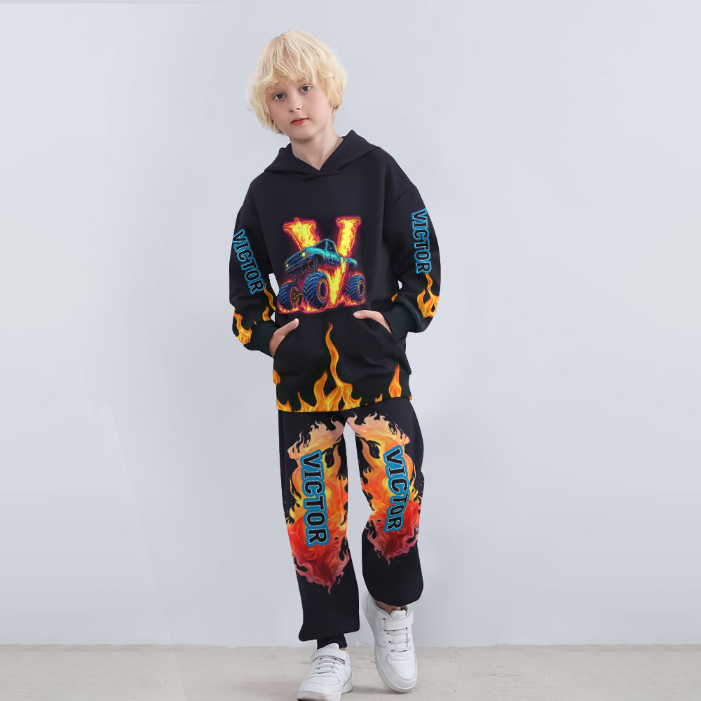 Boy's Cool Monster Truck Print Hooded Outfit - Personalized Kid Kid Hoodie & Kid Jogger Sweatpants
