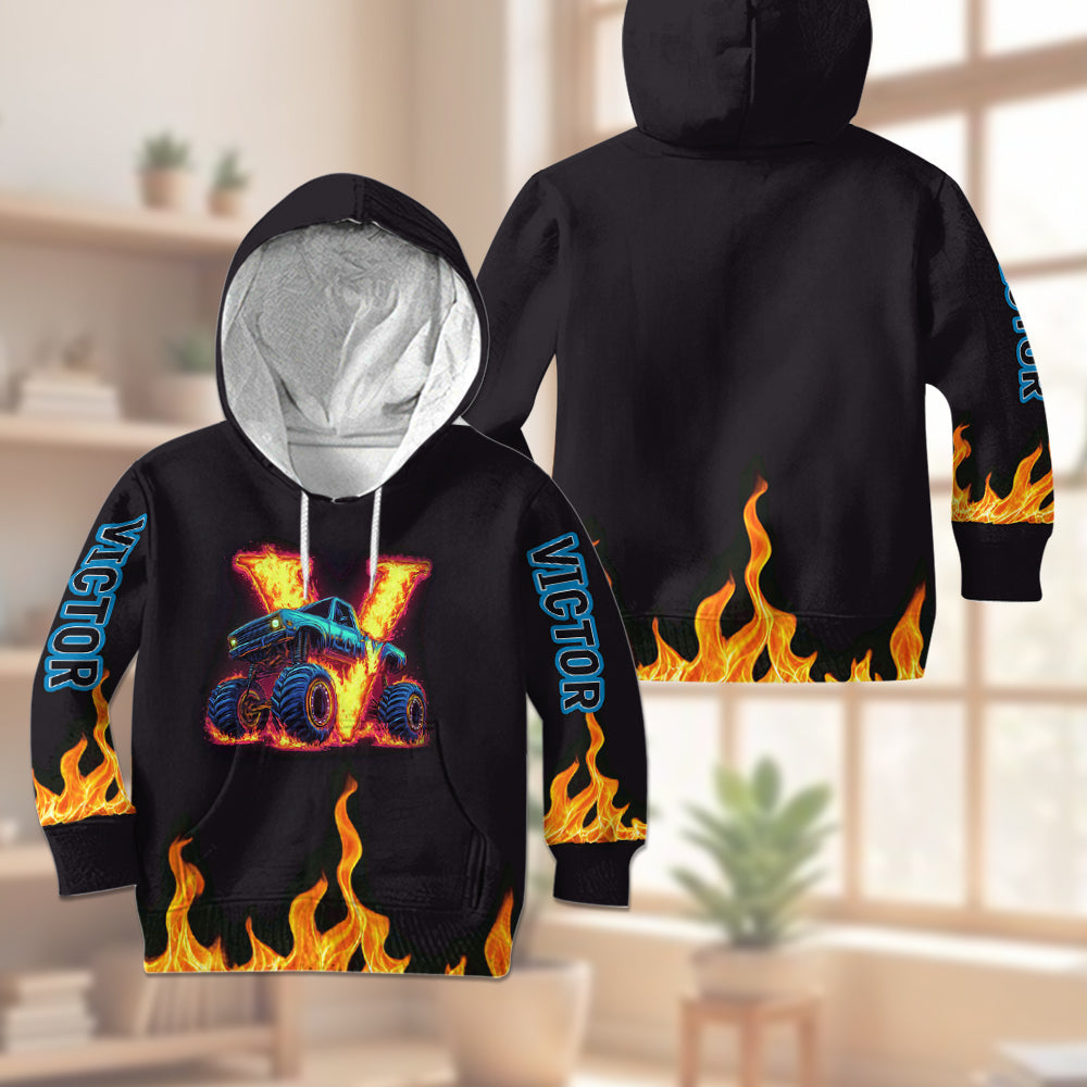Boy's Cool Monster Truck Print Hooded Outfit - Personalized Kid Kid Hoodie & Kid Jogger Sweatpants