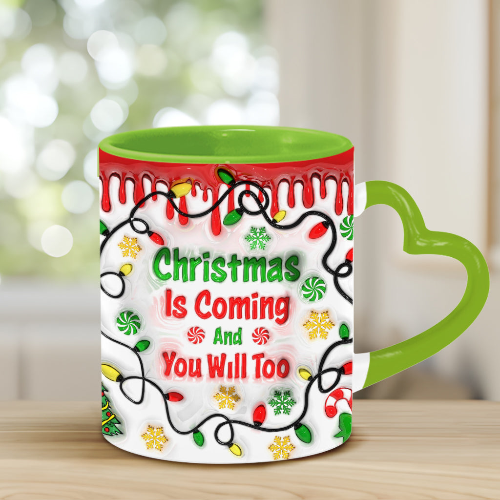 Christmas Is Coming - Personalized Couple Heart Handle Mug