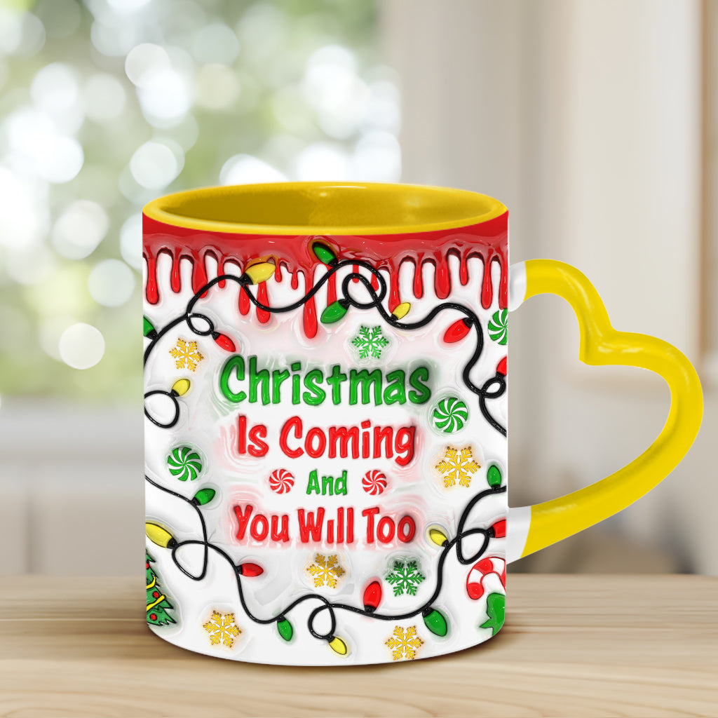Christmas Is Coming - Personalized Couple Heart Handle Mug