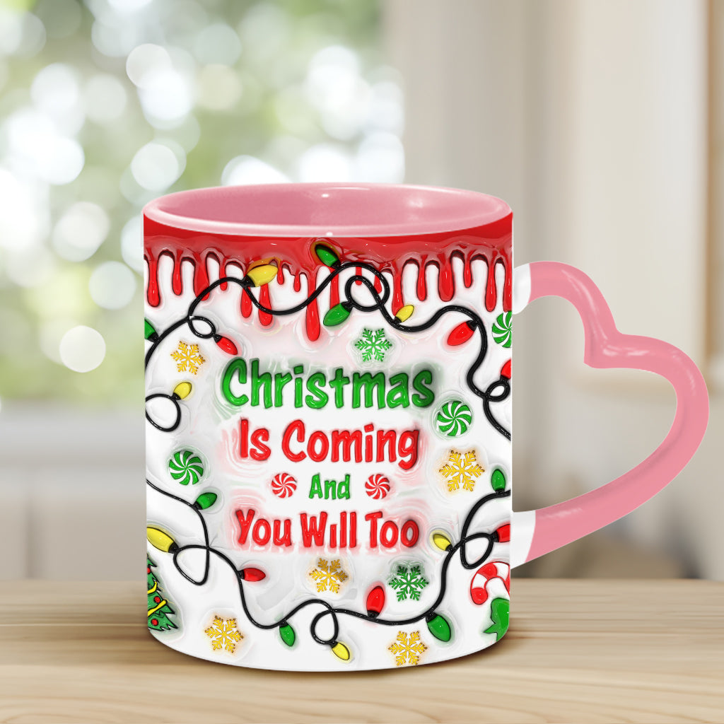 Christmas Is Coming - Personalized Couple Heart Handle Mug