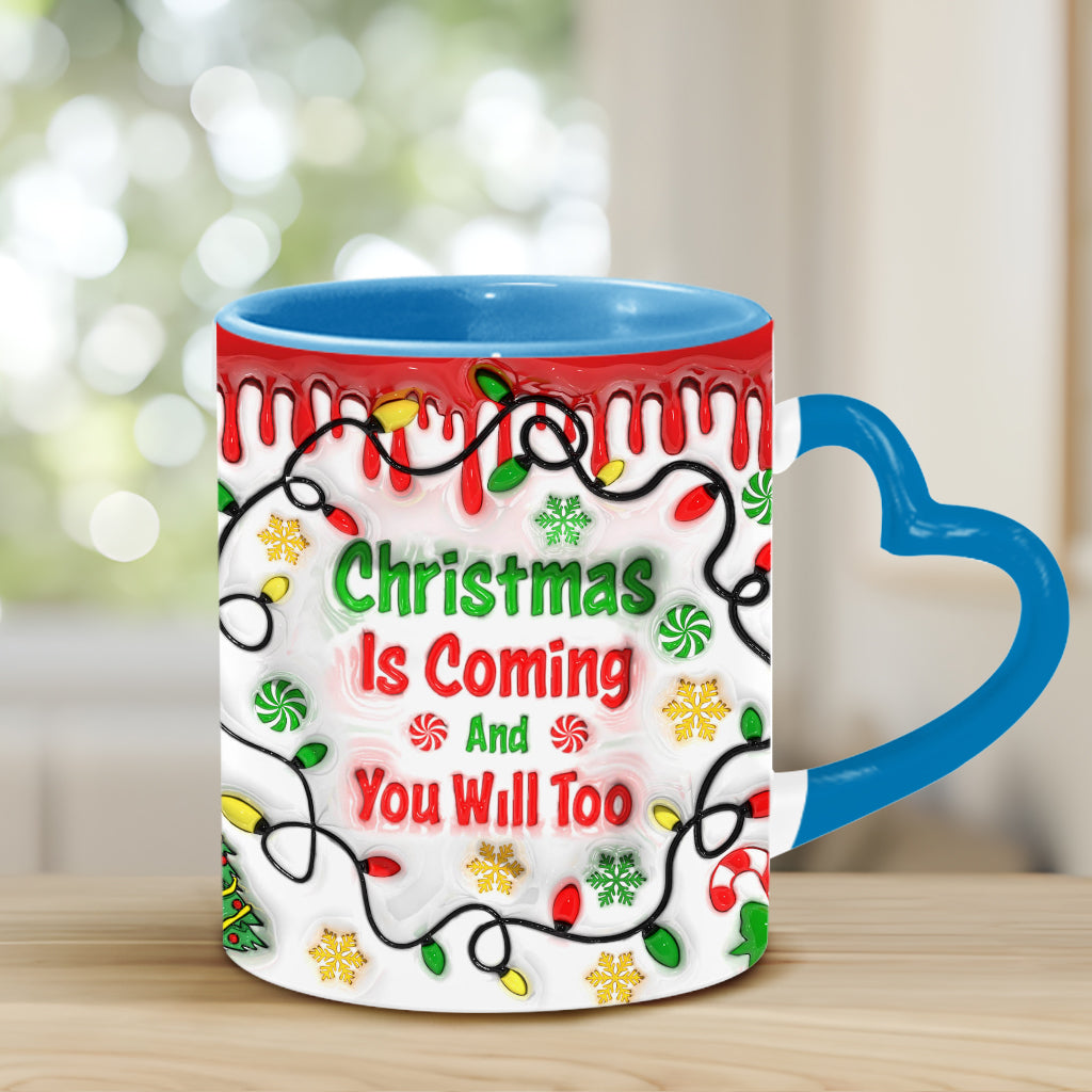 Christmas Is Coming - Personalized Couple Heart Handle Mug