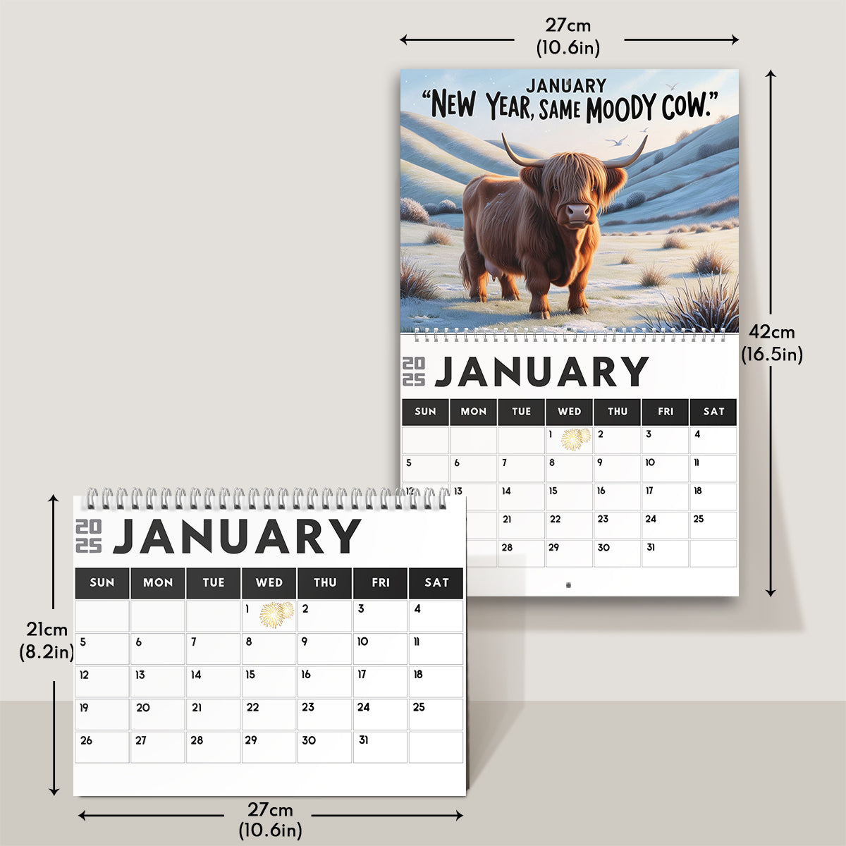 Moody Highland Cow 2025 - Personalisierter Wand- und Tischkalender mit Hochlandkuh