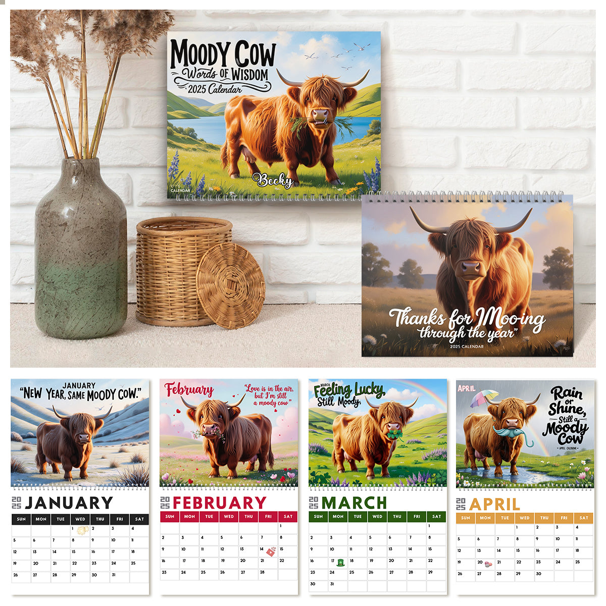 Moody Highland Cow 2025 - Personalisierter Wand- und Tischkalender mit Hochlandkuh