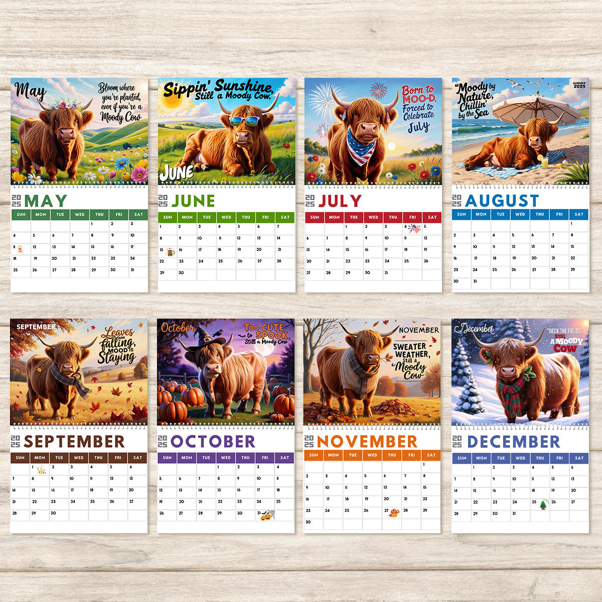 Moody Highland Cow 2025 - Personalisierter Wand- und Tischkalender mit Hochlandkuh