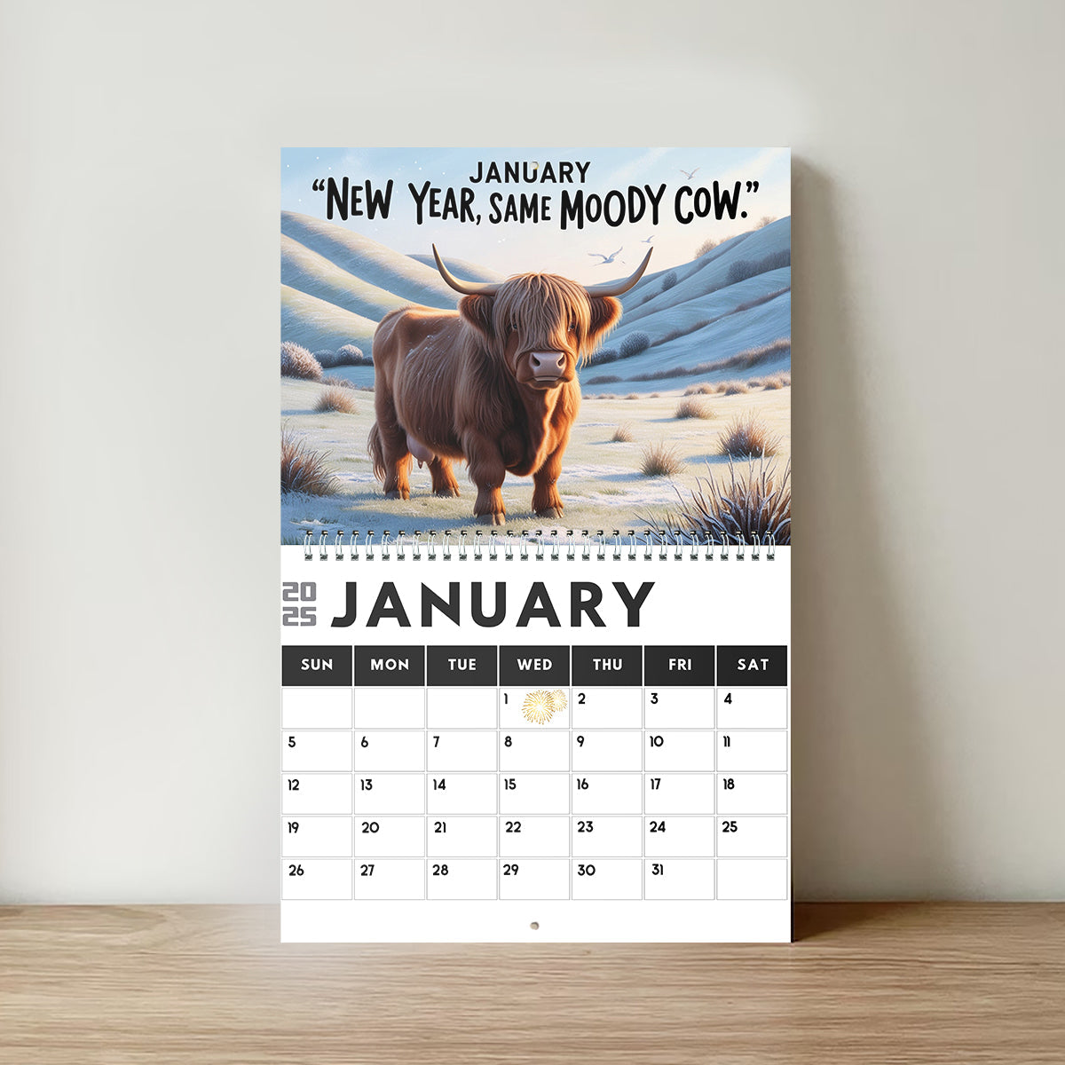 Moody Highland Cow 2025 - Personalisierter Wand- und Tischkalender mit Hochlandkuh