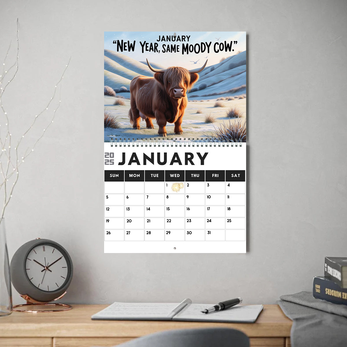 Moody Highland Cow 2025 - Personalisierter Wand- und Tischkalender mit Hochlandkuh