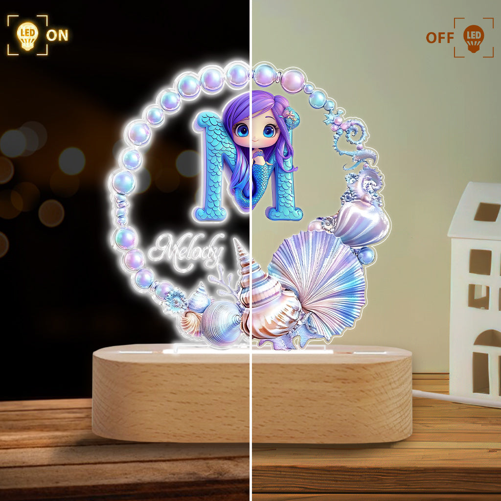 Ocean Pearl Wreath Mermaid Letter - Personalized Kid Shaped Plaque Light Base