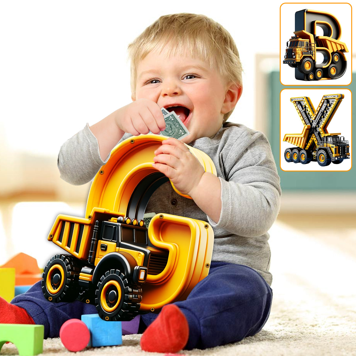 Construction Vehicle Alphabet - Personalized Kid Wooden Piggy Bank